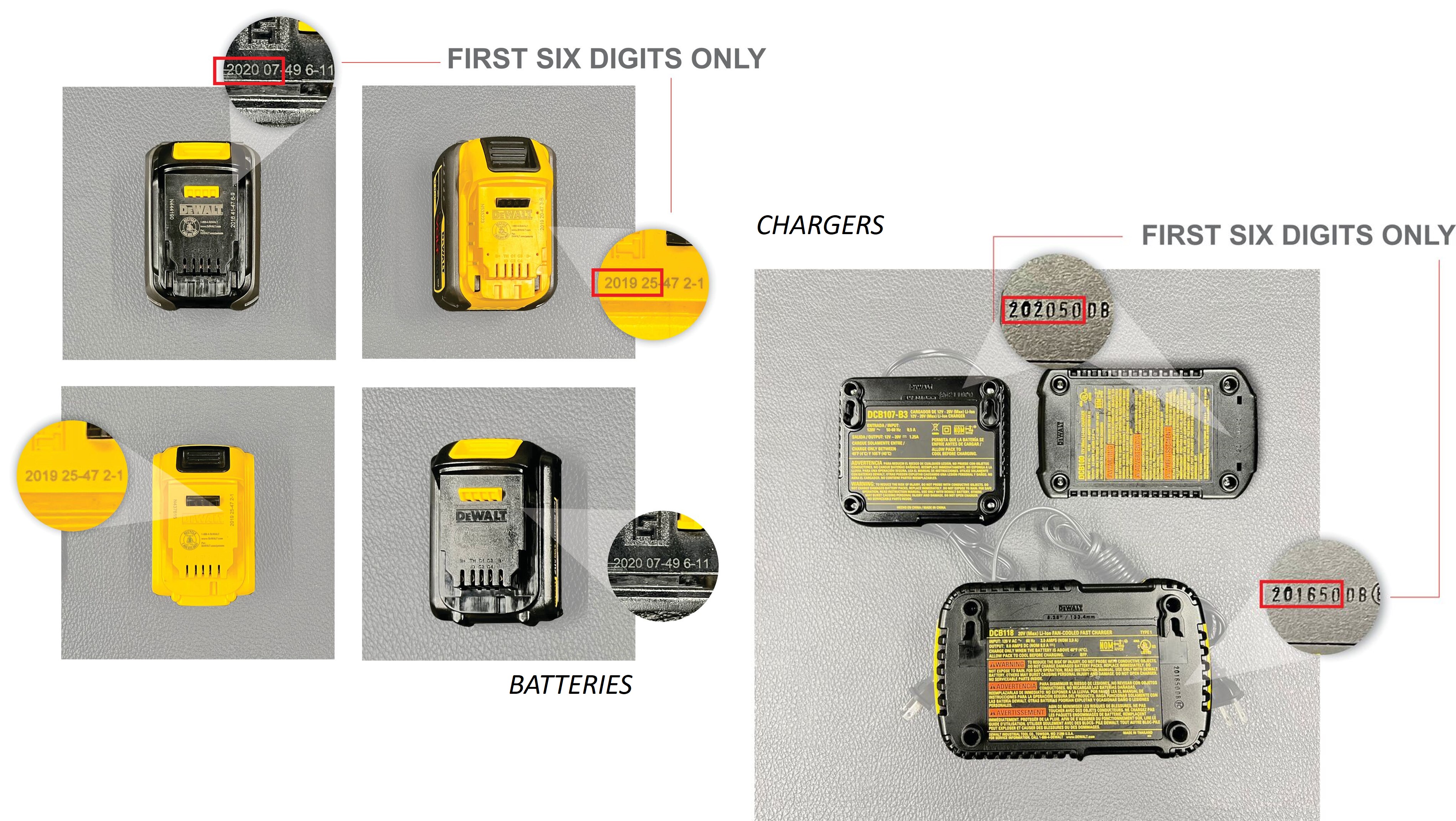 How can I locate the date code on DEWALT batteries and chargers