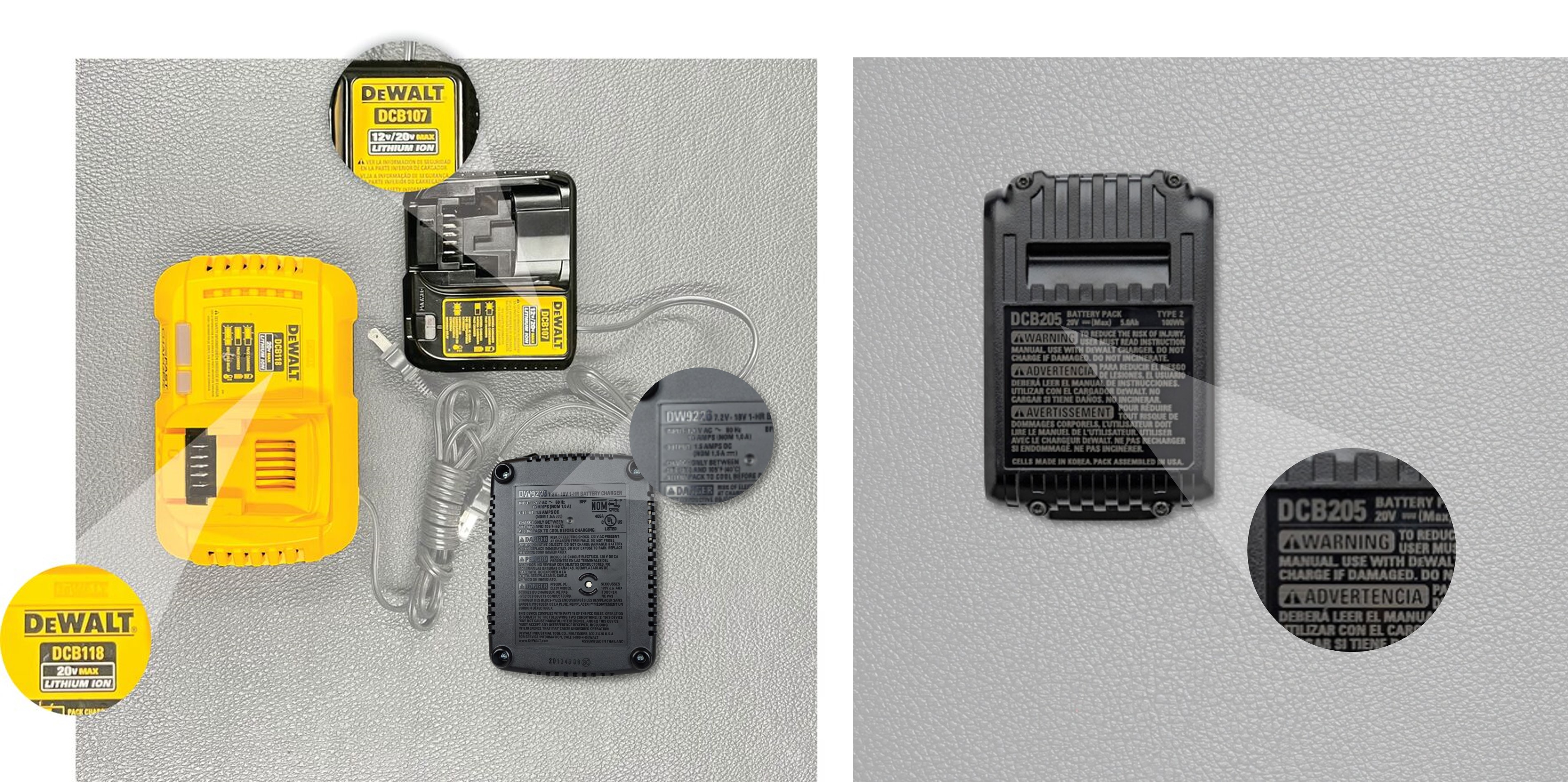 How can I locate the model number on DEWALT batteries and chargers