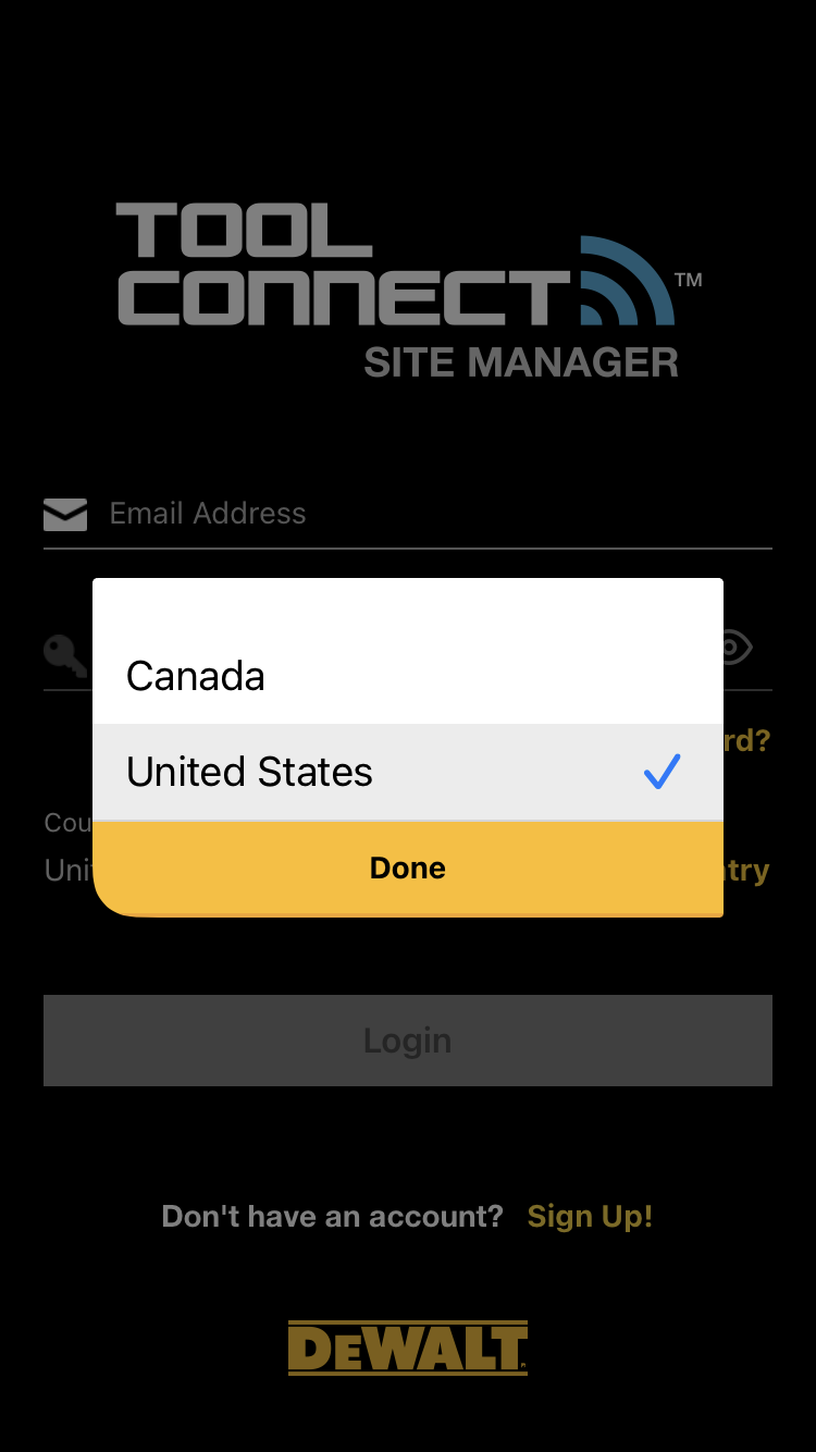 1.4 Country Select Tool Connect Site Manager DEWALT