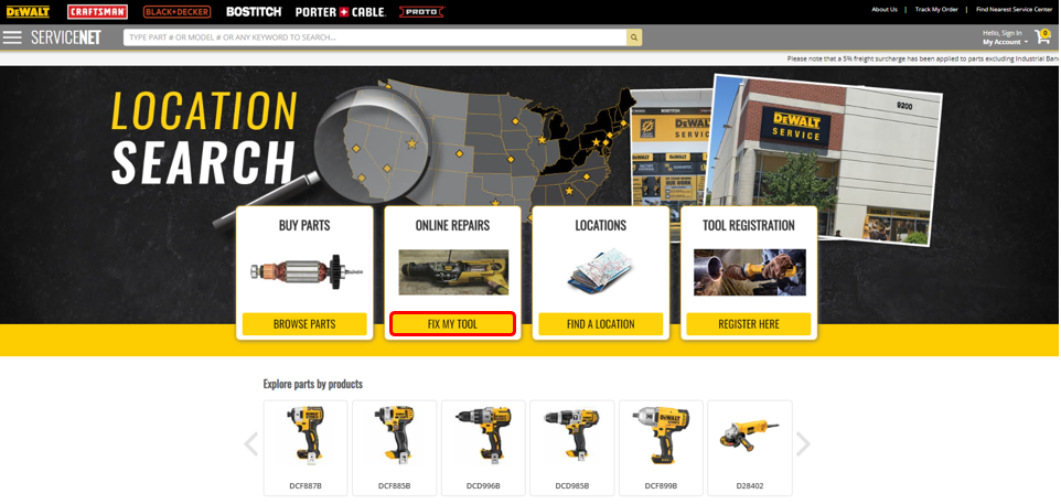 Where can I start an online warranty repair claim DEWALT