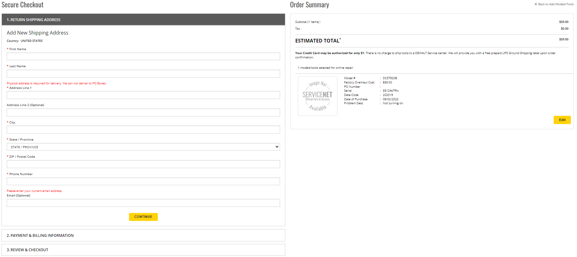 Where can I start an online warranty repair claim DEWALT